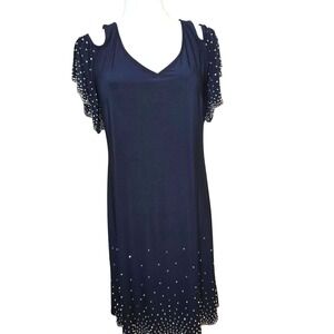Navy Cold Shoulder cocktail Dress w Silver Stud Embellishments, Flutter sleeves‎